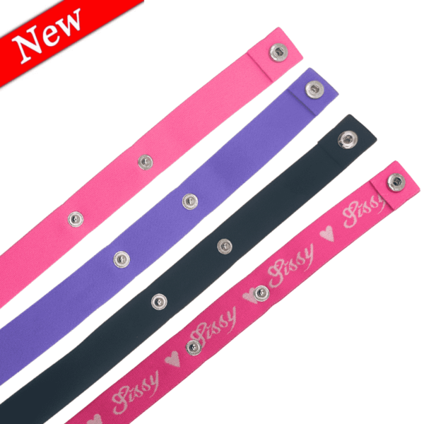 chastity straps for chastity cages in pink, purple, black and pink with written sissy